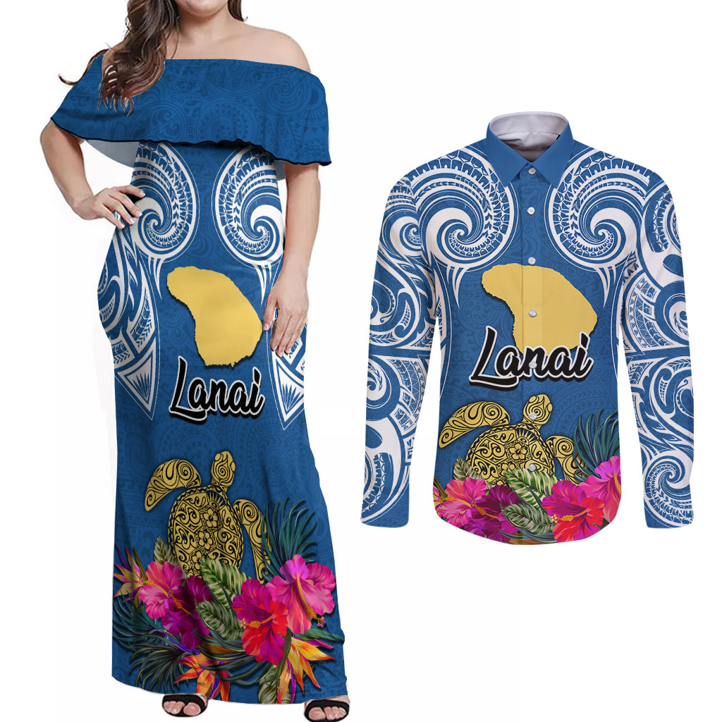 Hawaii Lanai Island Couples Matching Off Shoulder Maxi Dress and Long Sleeve Button Shirts Hibiscus Turle and Map with Polynesian Spiral LT03 Blue - Polynesian Pride