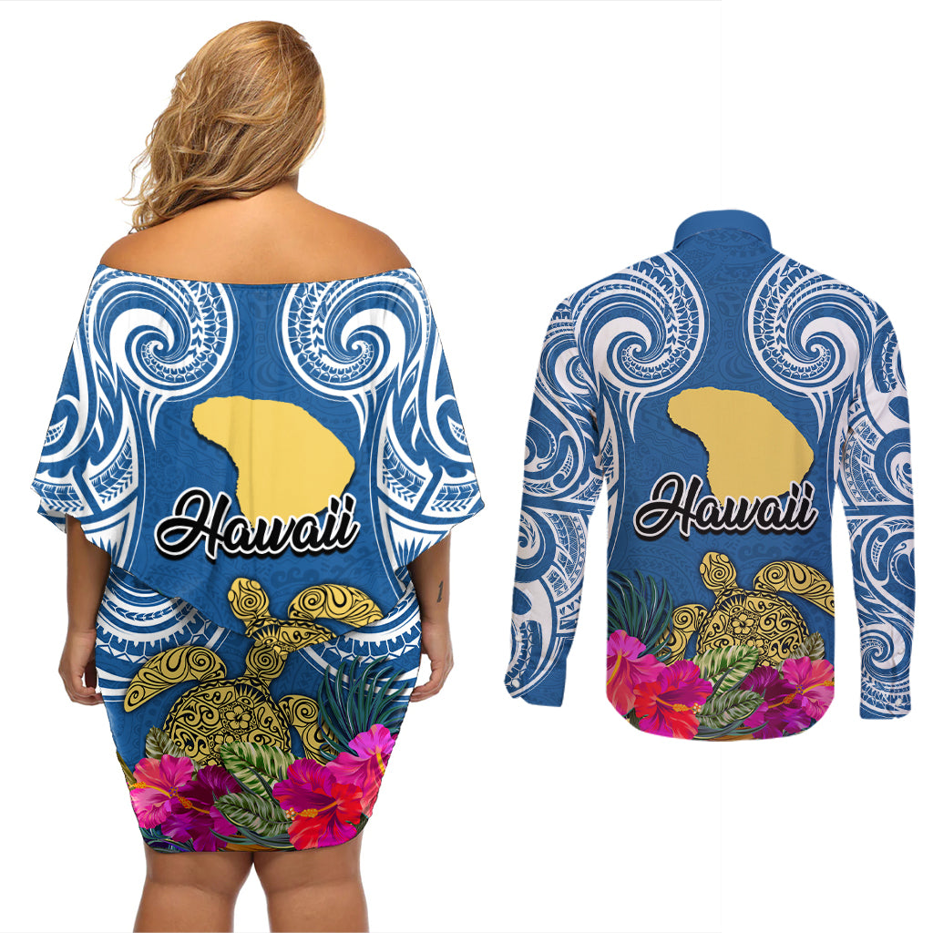 Hawaii Lanai Island Couples Matching Off Shoulder Short Dress and Long Sleeve Button Shirts Hibiscus Turle and Map with Polynesian Spiral LT03 - Polynesian Pride