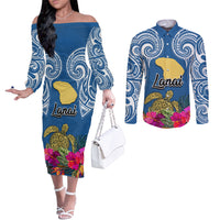 Hawaii Lanai Island Couples Matching Off The Shoulder Long Sleeve Dress and Long Sleeve Button Shirts Hibiscus Turle and Map with Polynesian Spiral LT03 Blue - Polynesian Pride