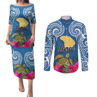 Hawaii Lanai Island Couples Matching Puletasi Dress and Long Sleeve Button Shirts Hibiscus Turle and Map with Polynesian Spiral LT03 Blue - Polynesian Pride