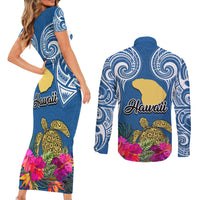 Hawaii Lanai Island Couples Matching Short Sleeve Bodycon Dress and Long Sleeve Button Shirts Hibiscus Turle and Map with Polynesian Spiral LT03 - Polynesian Pride