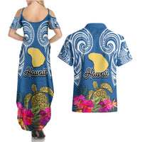 Hawaii Lanai Island Couples Matching Summer Maxi Dress and Hawaiian Shirt Hibiscus Turle and Map with Polynesian Spiral LT03 - Polynesian Pride