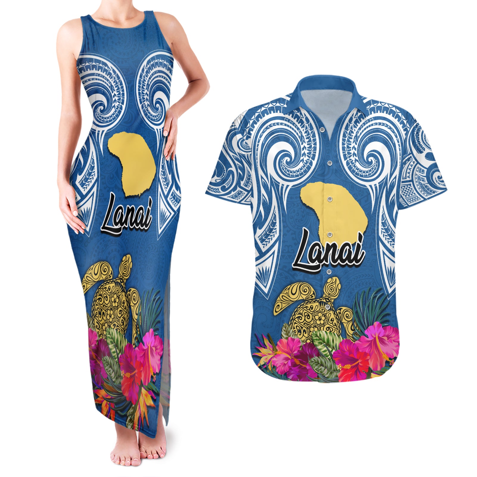 Hawaii Lanai Island Couples Matching Tank Maxi Dress and Hawaiian Shirt Hibiscus Turle and Map with Polynesian Spiral LT03 Blue - Polynesian Pride