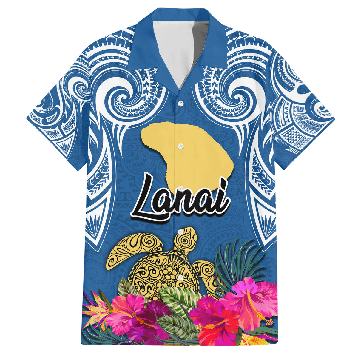 Hawaii Lanai Island Family Matching Off Shoulder Long Sleeve Dress and Hawaiian Shirt Hibiscus Turle and Map with Polynesian Spiral LT03 Dad's Shirt - Short Sleeve Blue - Polynesian Pride