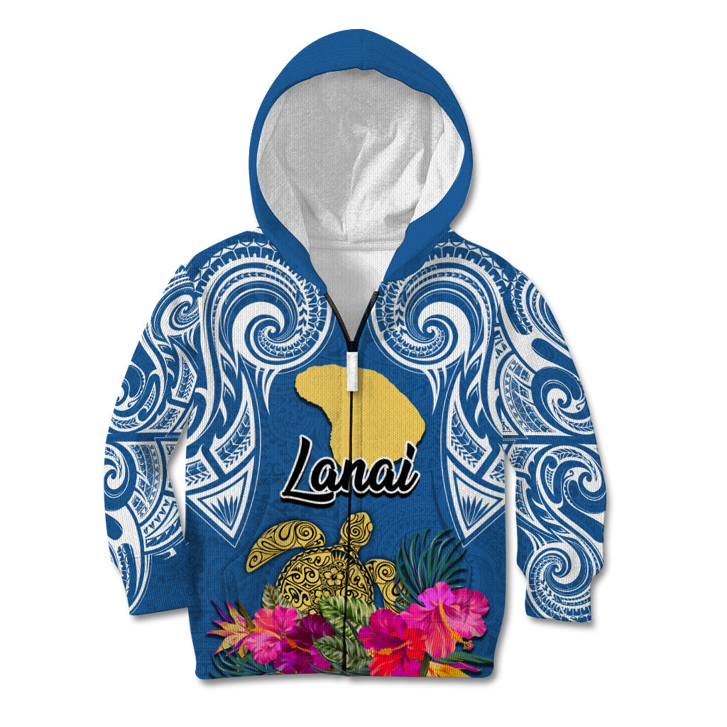 Hawaii Lanai Island Kid Hoodie Hibiscus Turle and Map with Polynesian Spiral LT03 - Polynesian Pride