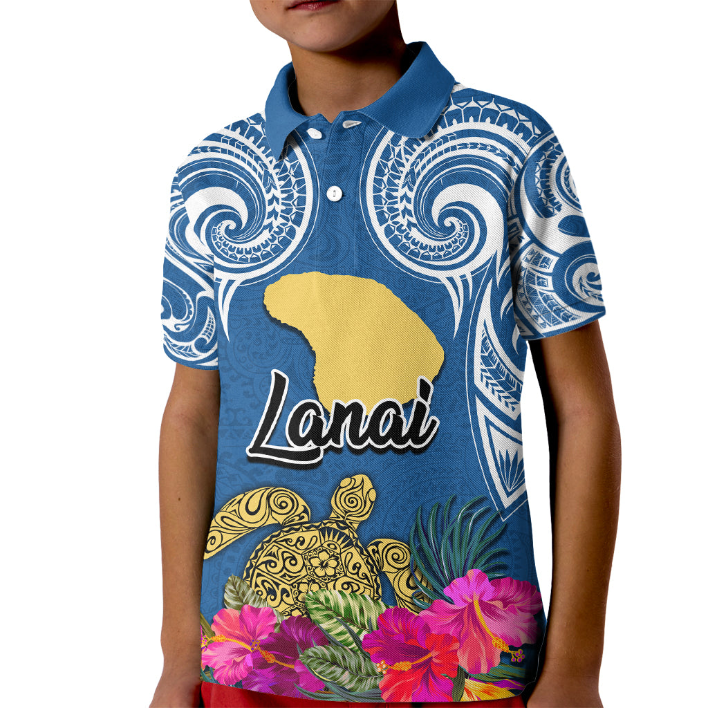 Hawaii Lanai Island Kid Polo Shirt Hibiscus Turle and Map with Polynesian Spiral LT03 Kid Blue - Polynesian Pride