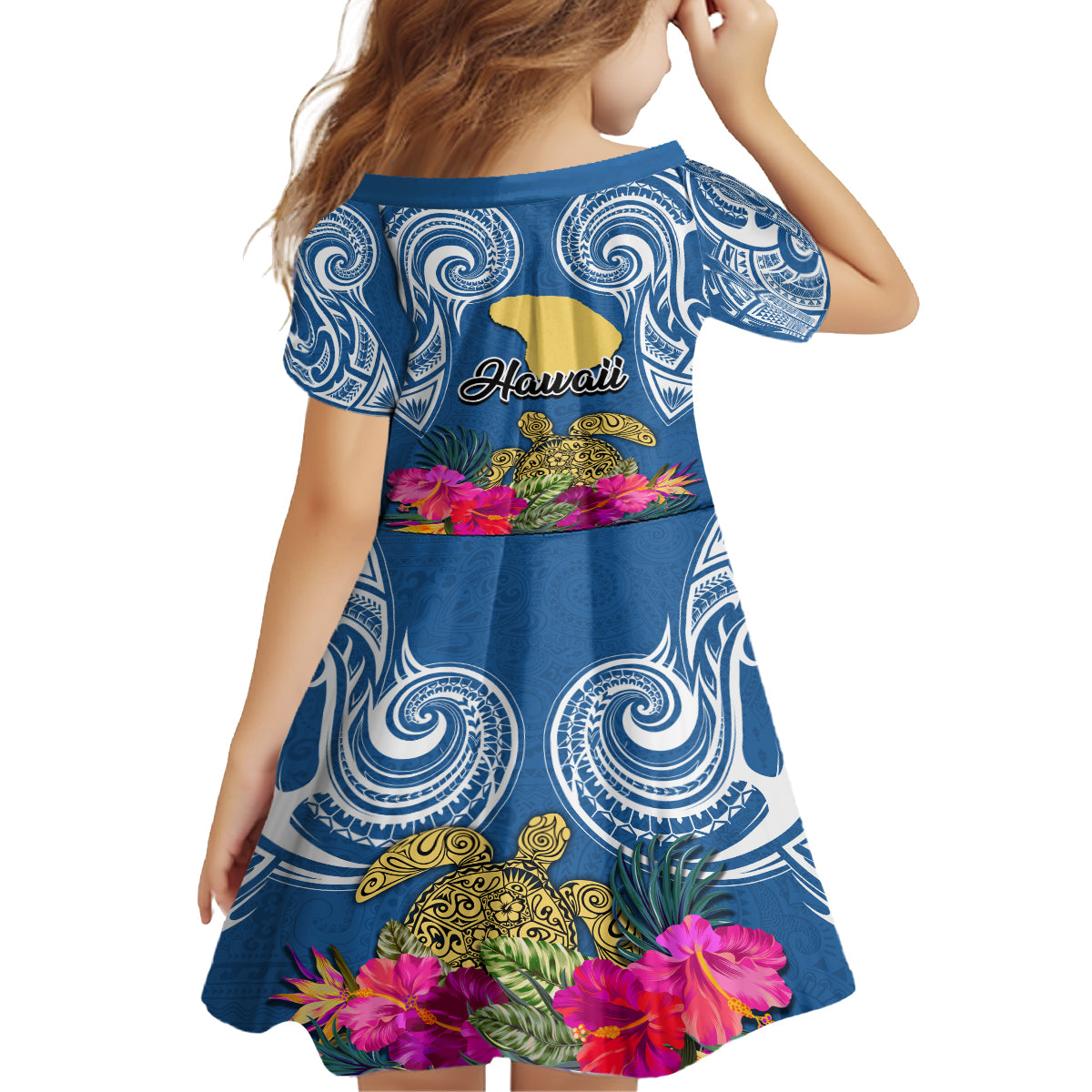 Hawaii Lanai Island Kid Short Sleeve Dress Hibiscus Turle and Map with Polynesian Spiral LT03 - Polynesian Pride