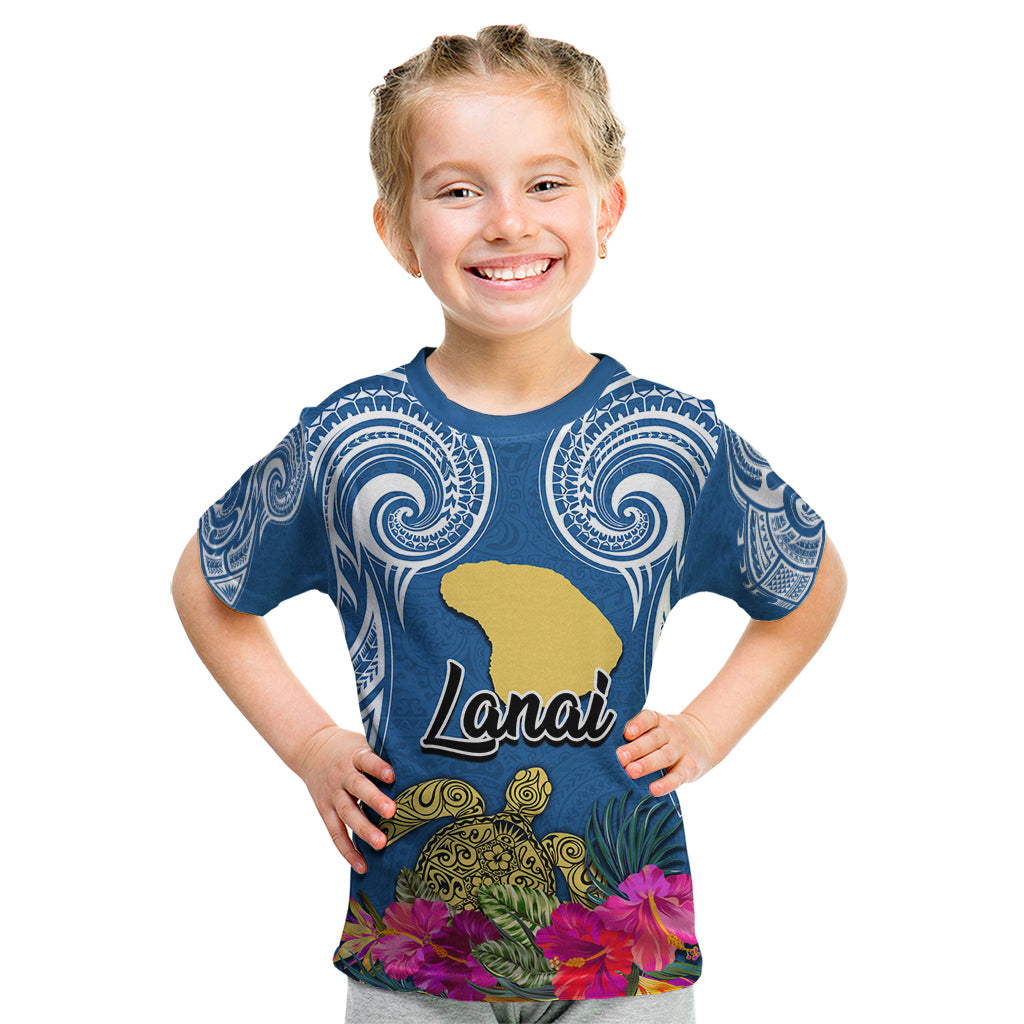 Hawaii Lanai Island Kid T Shirt Hibiscus Turle and Map with Polynesian Spiral LT03 Blue - Polynesian Pride