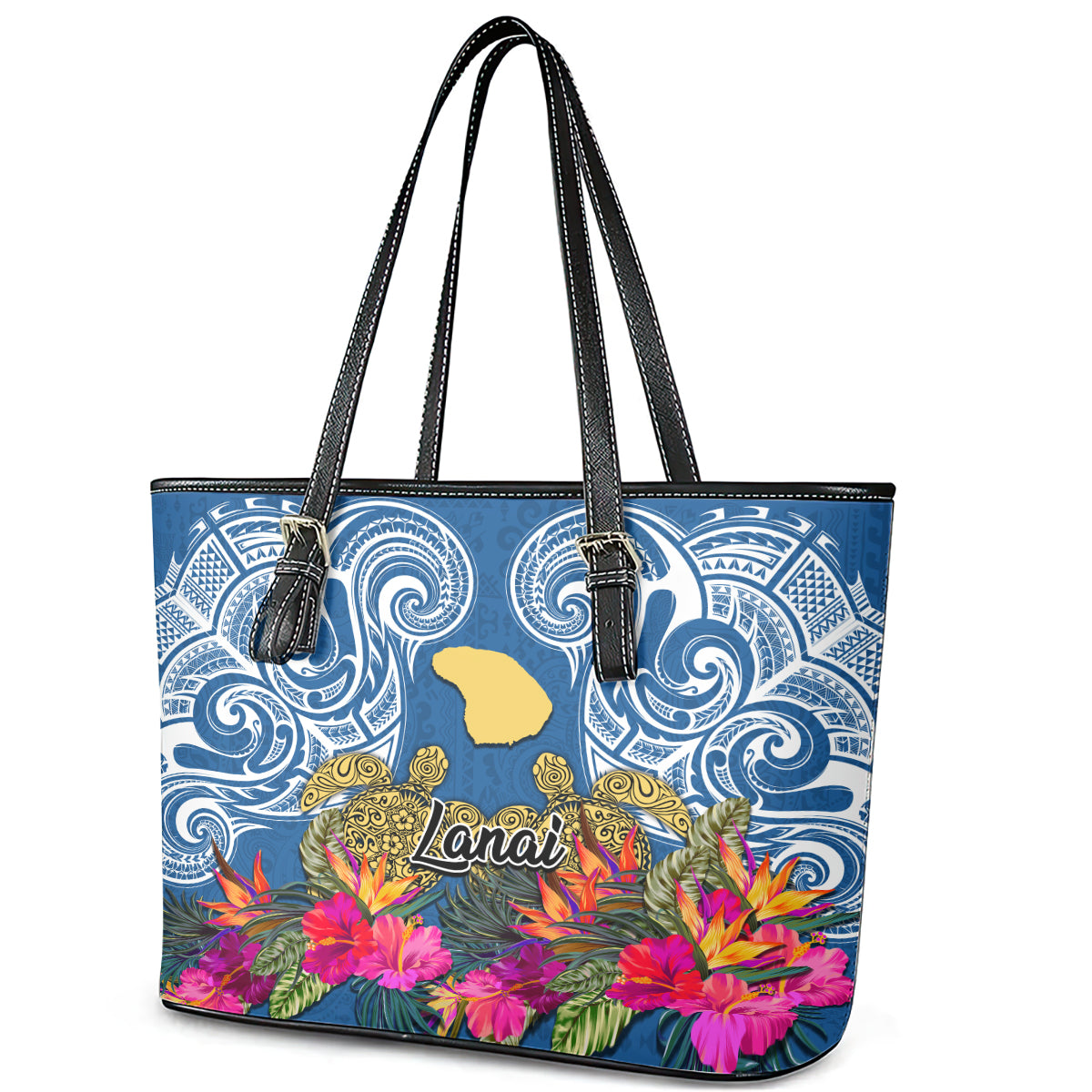 Hawaii Lanai Island Leather Tote Bag Hibiscus Turle and Map with Polynesian Spiral LT03 - Polynesian Pride