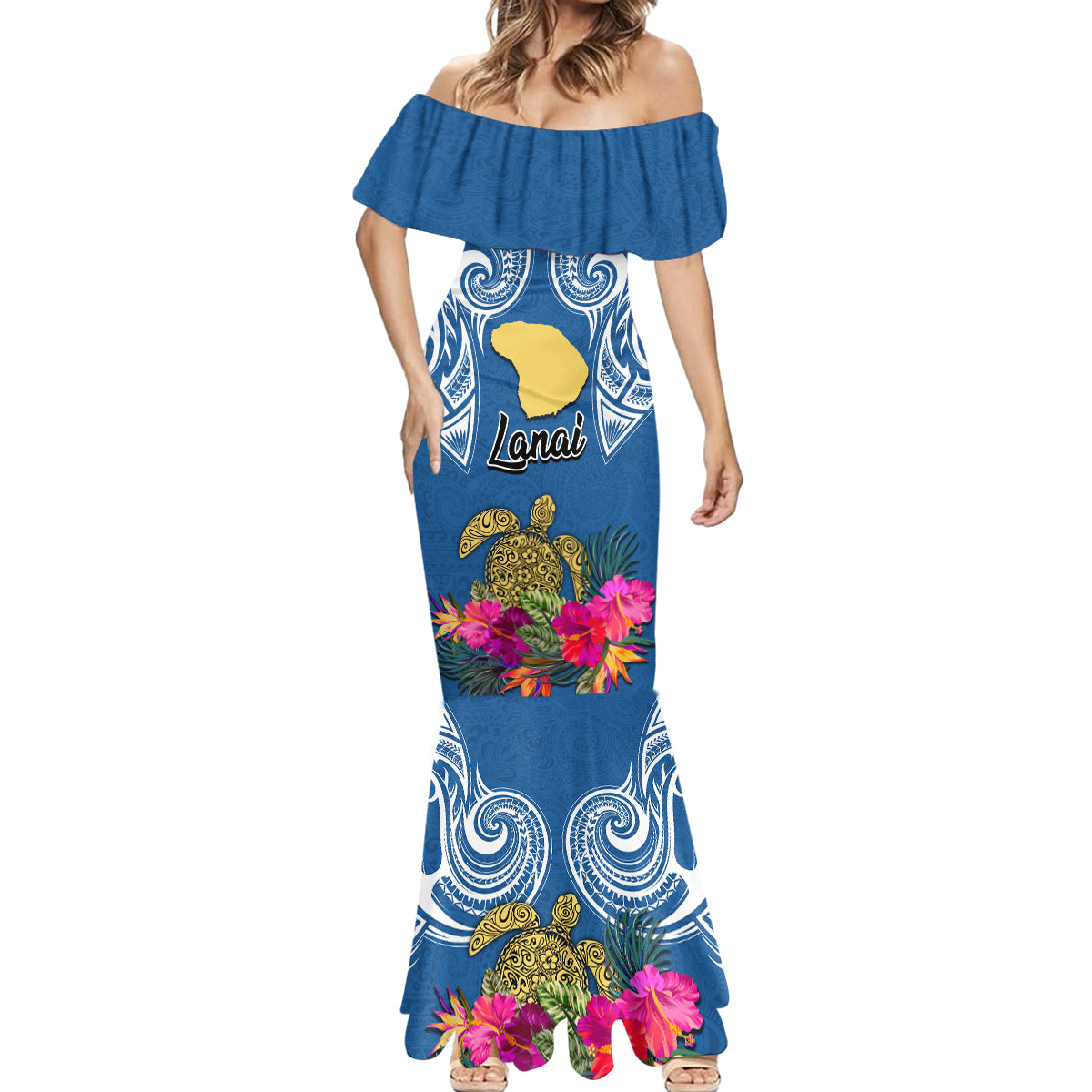 Hawaii Lanai Island Mermaid Dress Hibiscus Turle and Map with Polynesian Spiral LT03 - Polynesian Pride