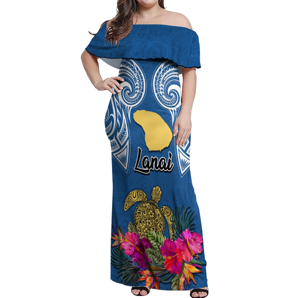 Hawaii Lanai Island Off Shoulder Maxi Dress Hibiscus Turle and Map with Polynesian Spiral LT03 Women Blue - Polynesian Pride