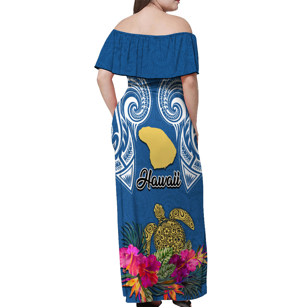 Hawaii Lanai Island Off Shoulder Maxi Dress Hibiscus Turle and Map with Polynesian Spiral LT03 - Polynesian Pride