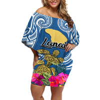 Hawaii Lanai Island Off Shoulder Short Dress Hibiscus Turle and Map with Polynesian Spiral LT03 Women Blue - Polynesian Pride