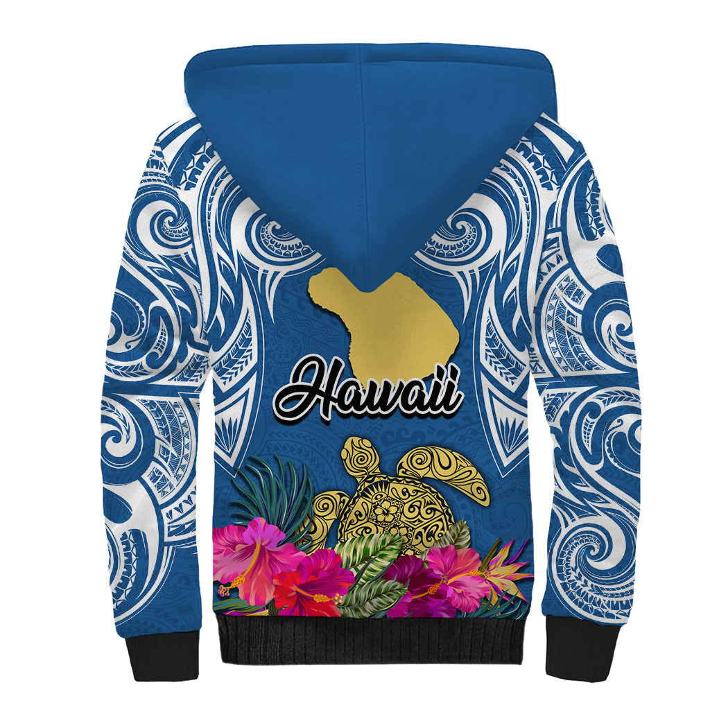 Hawaii Lanai Island Sherpa Hoodie Hibiscus Turle and Map with Polynesian Spiral LT03 - Polynesian Pride