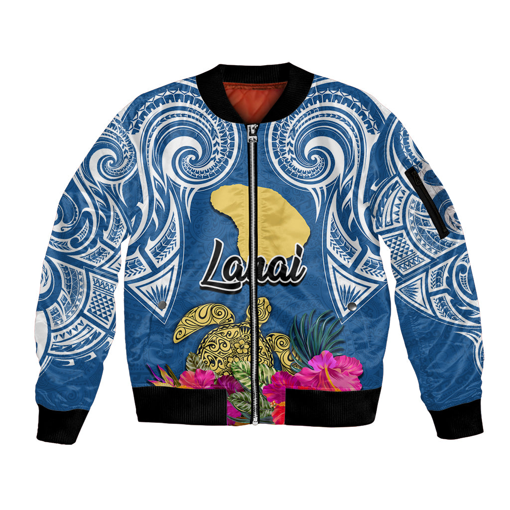 Hawaii Lanai Island Sleeve Zip Bomber Jacket Hibiscus Turle and Map with Polynesian Spiral LT03 Unisex Blue - Polynesian Pride