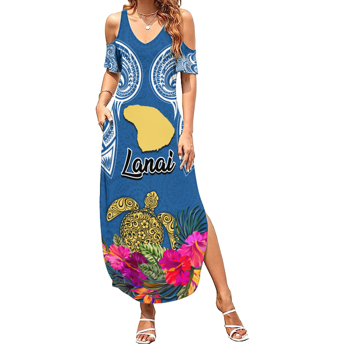 Hawaii Lanai Island Summer Maxi Dress Hibiscus Turle and Map with Polynesian Spiral LT03 Women Blue - Polynesian Pride