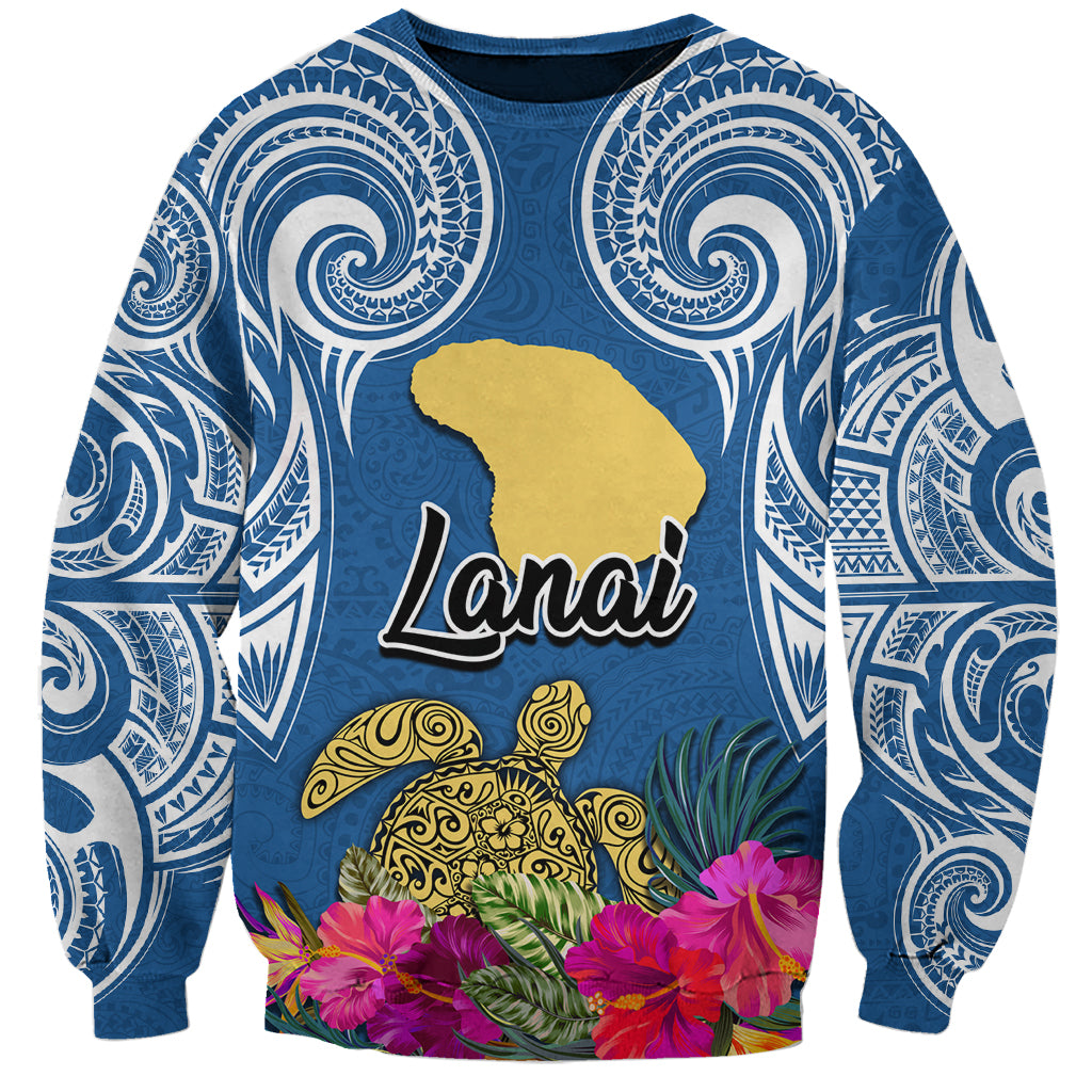 Hawaii Lanai Island Sweatshirt Hibiscus Turle and Map with Polynesian Spiral LT03 Unisex Blue - Polynesian Pride