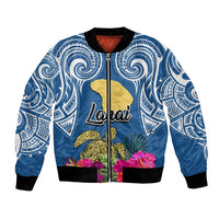 Custom Hawaii Lanai Island Bomber Jacket Hibiscus Turle and Map with Polynesian Spiral LT03 Unisex Blue - Polynesian Pride