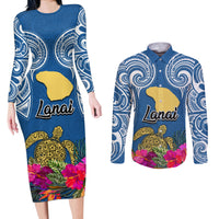 Custom Hawaii Lanai Island Couples Matching Long Sleeve Bodycon Dress and Long Sleeve Button Shirts Hibiscus Turle and Map with Polynesian Spiral LT03 Blue - Polynesian Pride