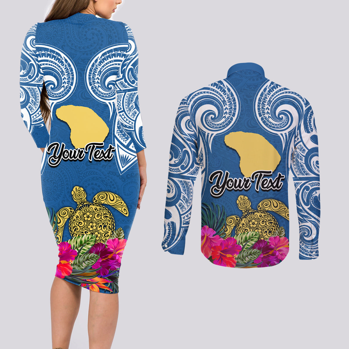 Custom Hawaii Lanai Island Couples Matching Long Sleeve Bodycon Dress and Long Sleeve Button Shirts Hibiscus Turle and Map with Polynesian Spiral LT03 - Polynesian Pride