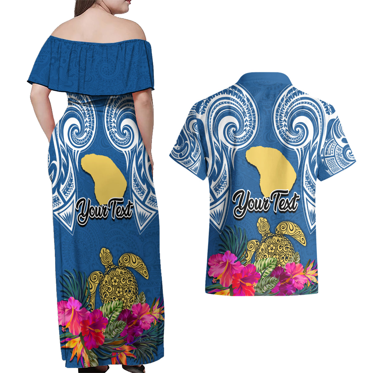Custom Hawaii Lanai Island Couples Matching Off Shoulder Maxi Dress and Hawaiian Shirt Hibiscus Turle and Map with Polynesian Spiral LT03 - Polynesian Pride