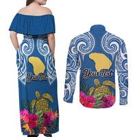 Custom Hawaii Lanai Island Couples Matching Off Shoulder Maxi Dress and Long Sleeve Button Shirts Hibiscus Turle and Map with Polynesian Spiral LT03 - Polynesian Pride