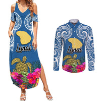 Custom Hawaii Lanai Island Couples Matching Summer Maxi Dress and Long Sleeve Button Shirts Hibiscus Turle and Map with Polynesian Spiral LT03 Blue - Polynesian Pride