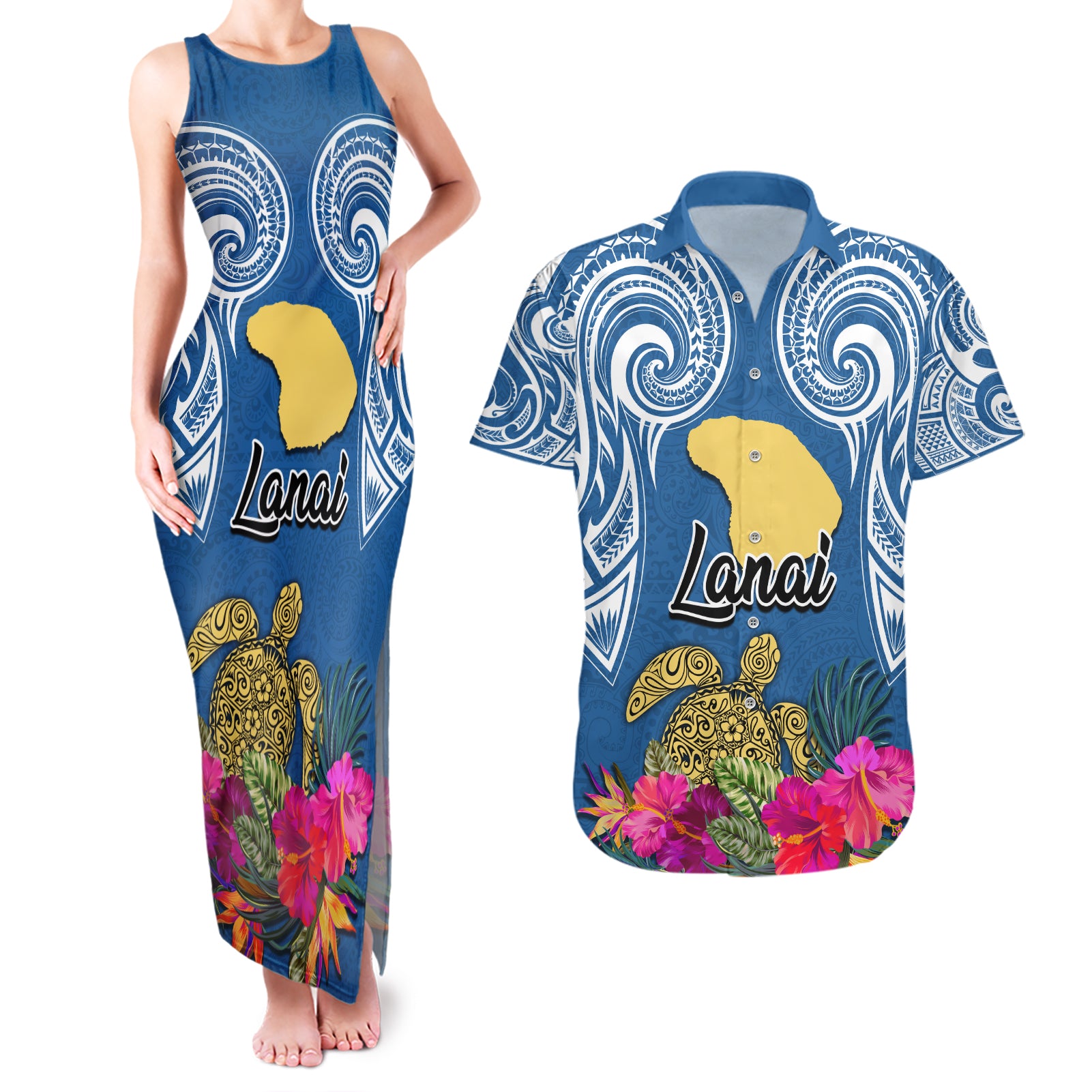 Custom Hawaii Lanai Island Couples Matching Tank Maxi Dress and Hawaiian Shirt Hibiscus Turle and Map with Polynesian Spiral LT03 Blue - Polynesian Pride
