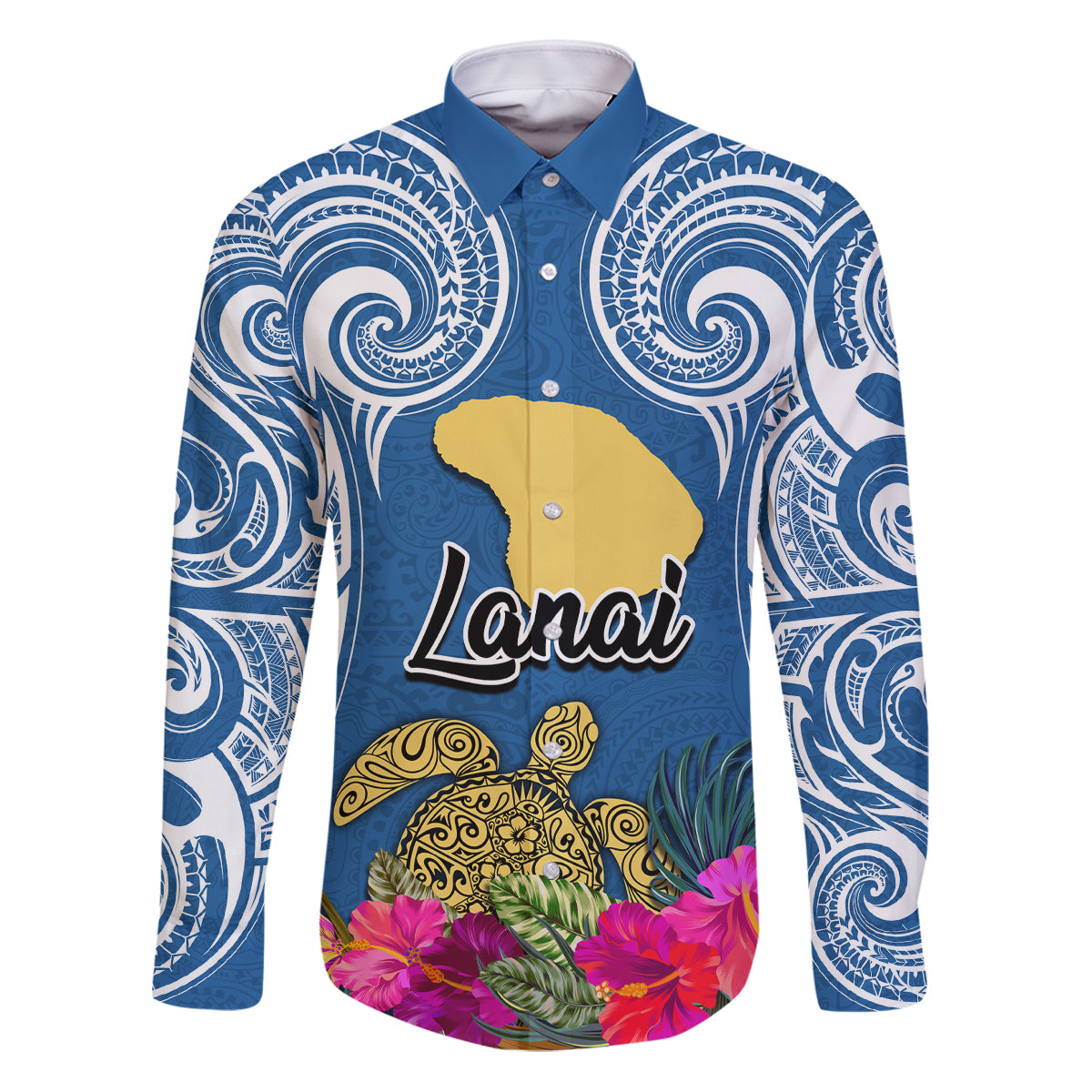 Custom Hawaii Lanai Island Family Matching Puletasi Dress and Hawaiian Shirt Hibiscus Turle and Map with Polynesian Spiral LT03 Dad's Shirt - Long Sleeve Blue - Polynesian Pride