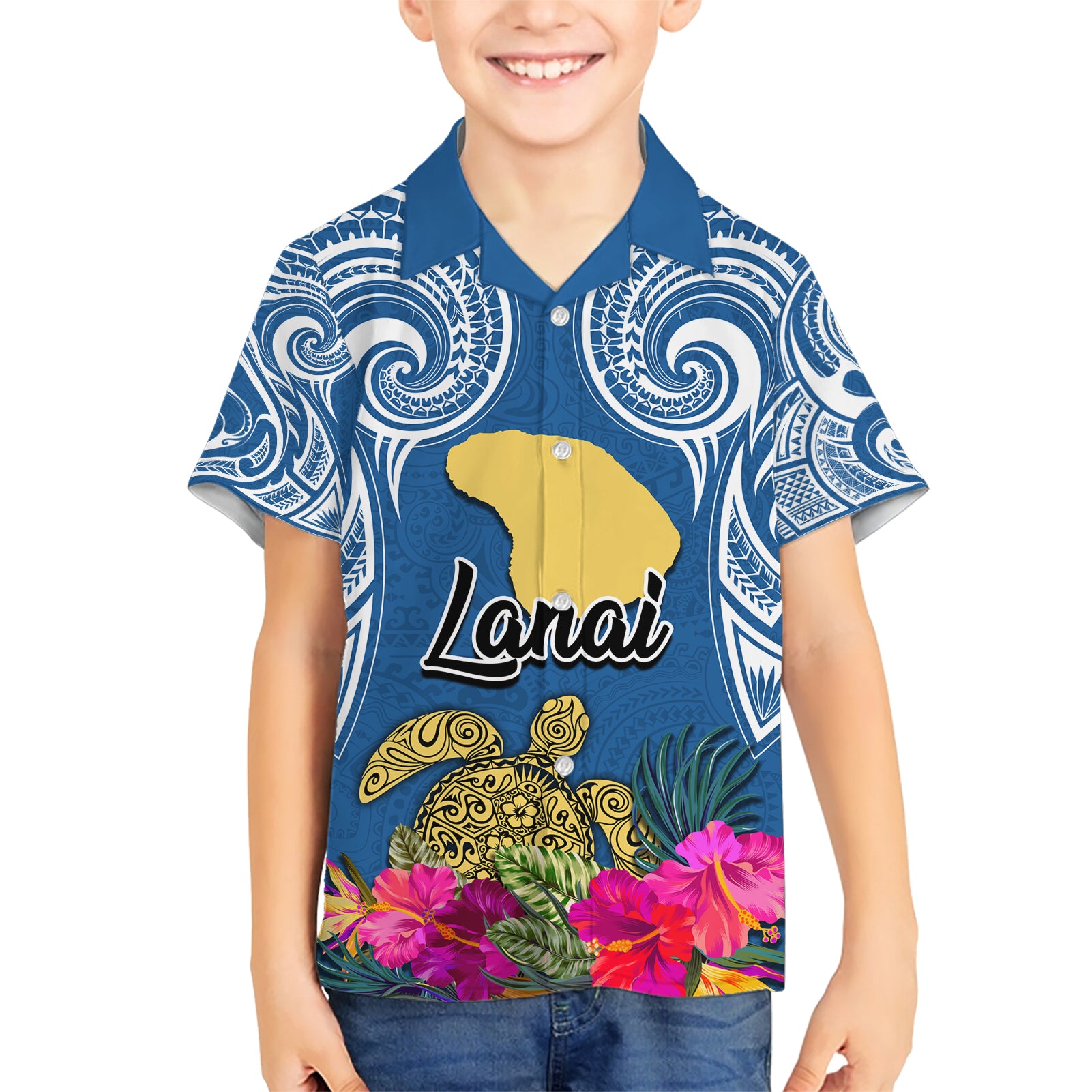 Custom Hawaii Lanai Island Kid Hawaiian Shirt Hibiscus Turle and Map with Polynesian Spiral LT03 Kid Blue - Polynesian Pride