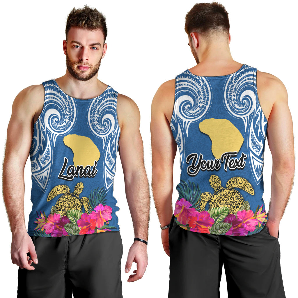 Custom Hawaii Lanai Island Men Tank Top Hibiscus Turle and Map with Polynesian Spiral LT03 - Polynesian Pride