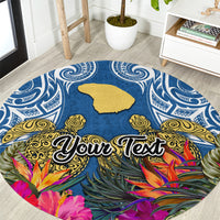 Custom Hawaii Lanai Island Round Carpet Hibiscus Turle and Map with Polynesian Spiral LT03 Blue - Polynesian Pride