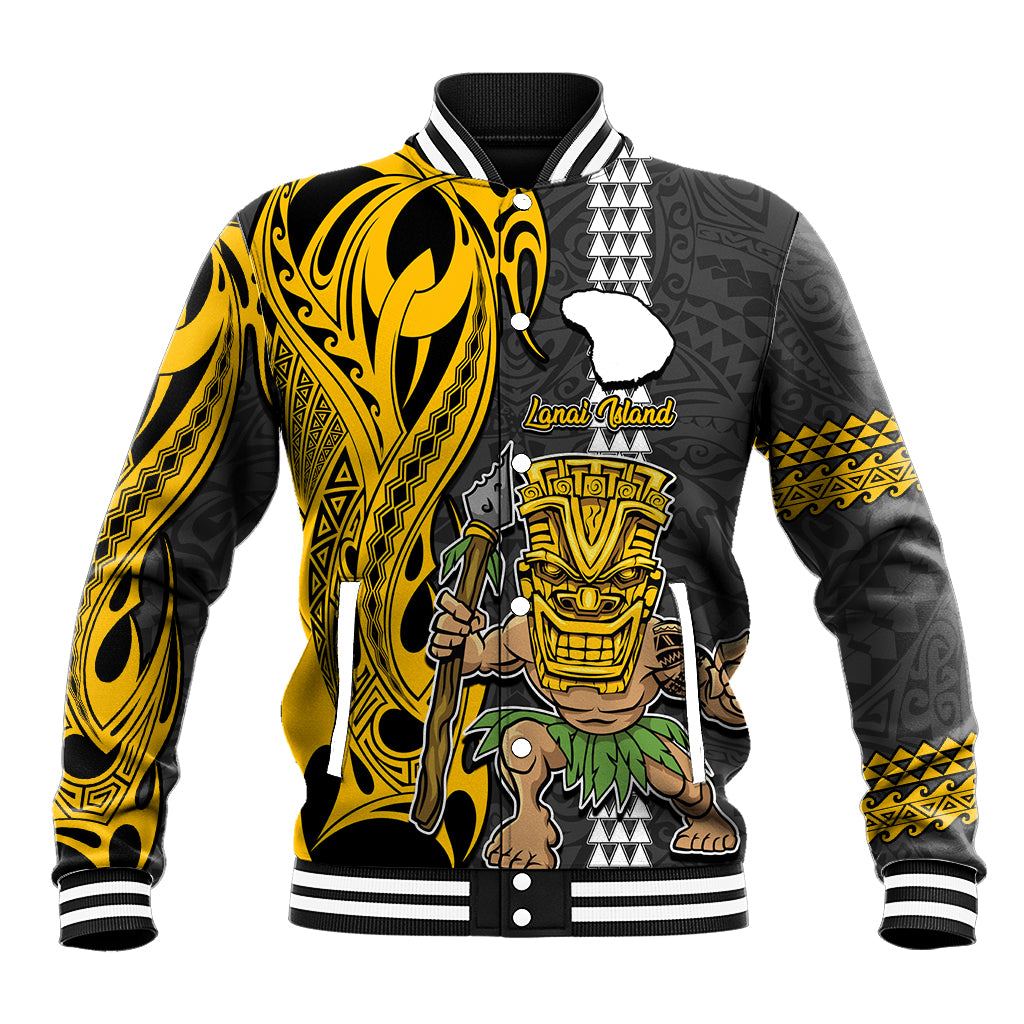 Hawaii Lanai Island Baseball Jacket Hawaiian Warrior and Kakau Symbols Abstract Tattoo LT03 Unisex Yellow - Polynesian Pride