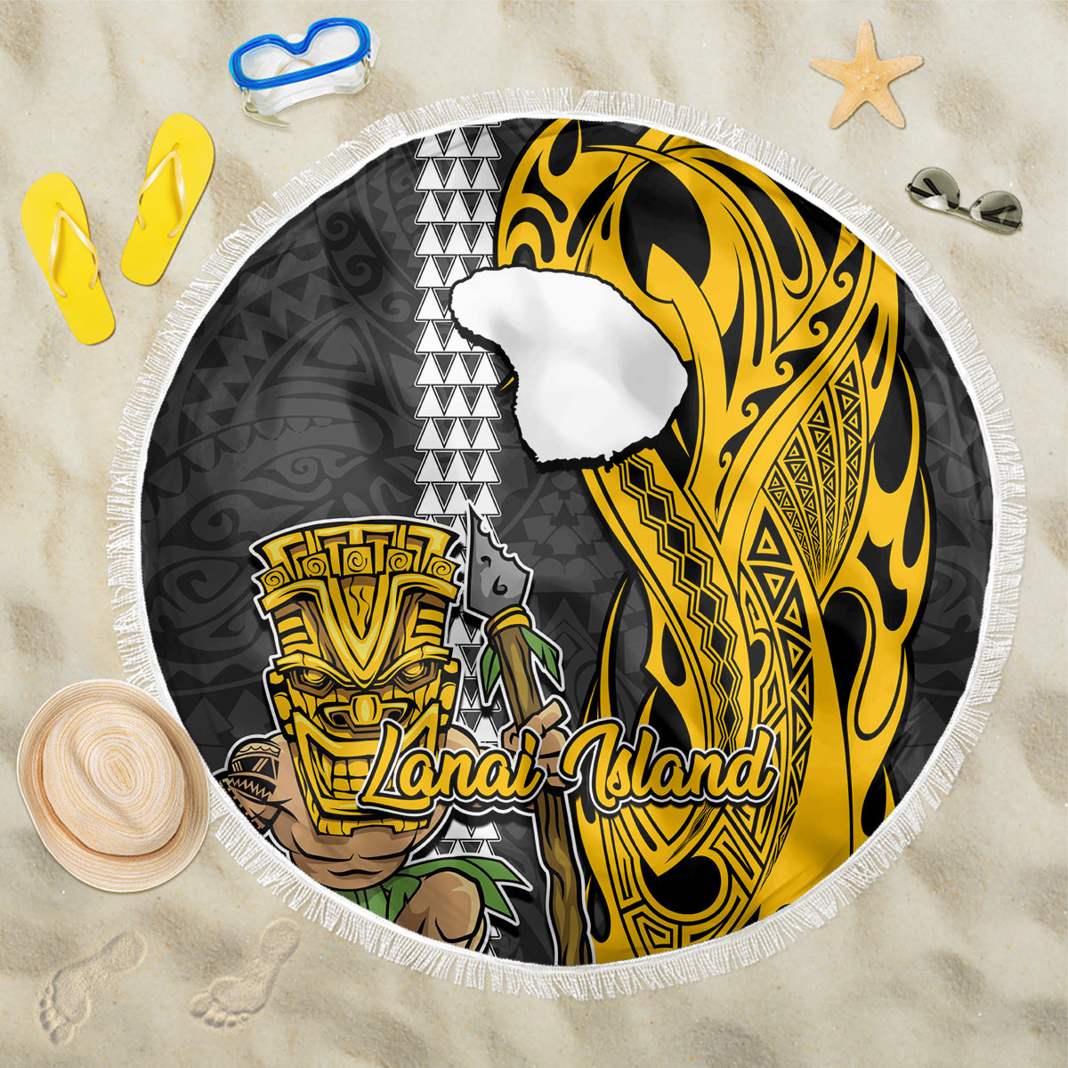 Hawaii Lanai Island Beach Blanket Hawaiian Warrior and Kakau Symbols Abstract Tattoo LT03 One Size 150cm Yellow - Wonder Print Shop