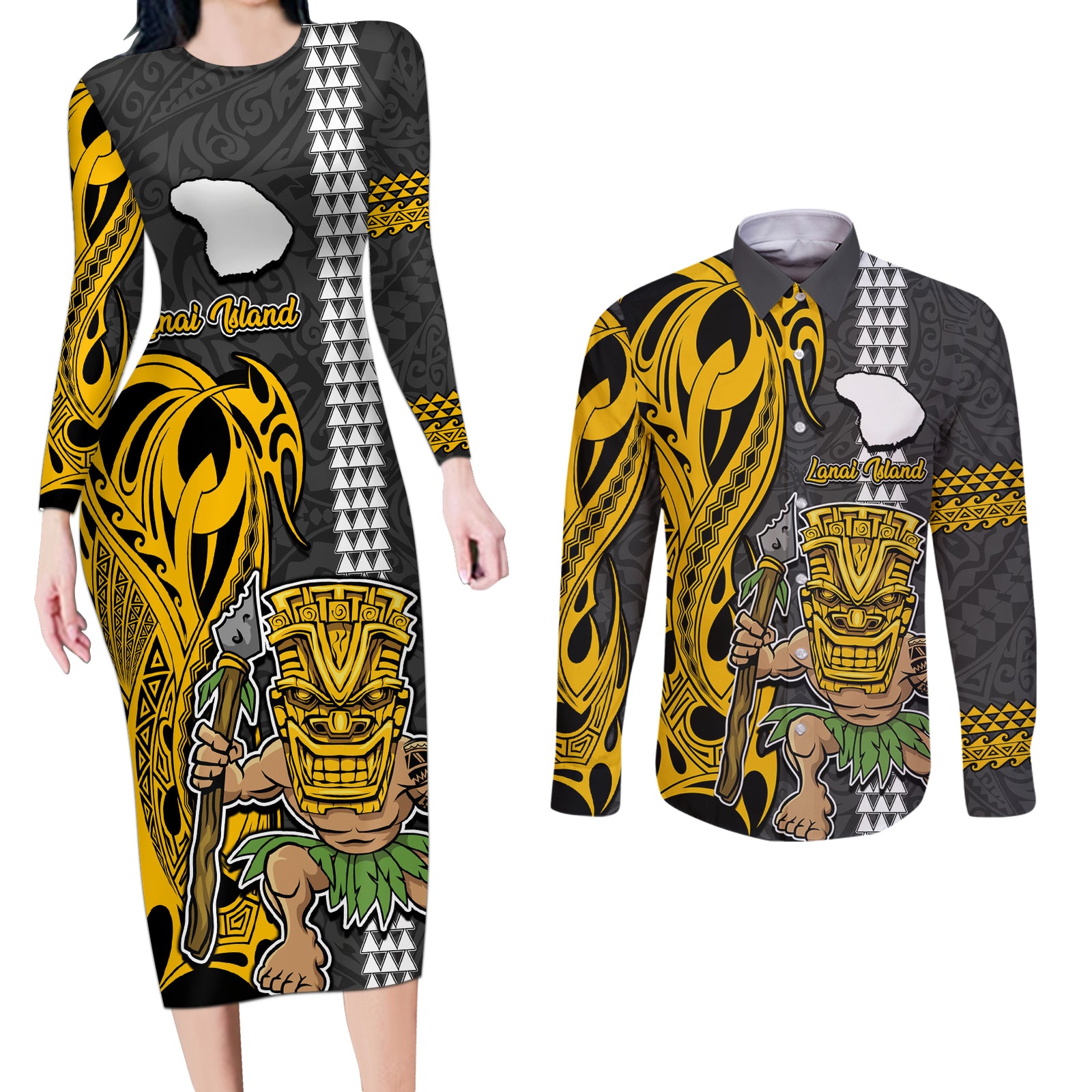 Hawaii Lanai Island Couples Matching Long Sleeve Bodycon Dress and Long Sleeve Button Shirts Hawaiian Warrior and Kakau Symbols Abstract Tattoo LT03 Yellow - Polynesian Pride