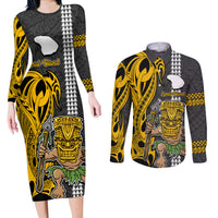 Hawaii Lanai Island Couples Matching Long Sleeve Bodycon Dress and Long Sleeve Button Shirts Hawaiian Warrior and Kakau Symbols Abstract Tattoo LT03 Yellow - Polynesian Pride