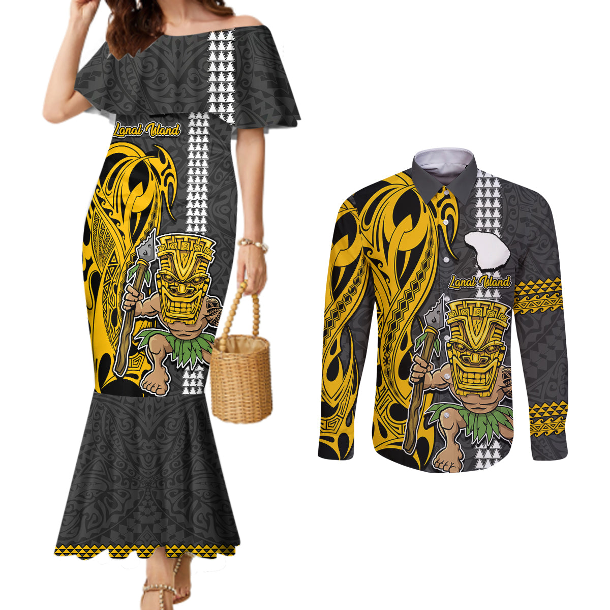 Hawaii Lanai Island Couples Matching Mermaid Dress and Long Sleeve Button Shirts Hawaiian Warrior and Kakau Symbols Abstract Tattoo LT03 Yellow - Polynesian Pride