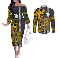 Hawaii Lanai Island Couples Matching Off The Shoulder Long Sleeve Dress and Long Sleeve Button Shirts Hawaiian Warrior and Kakau Symbols Abstract Tattoo LT03 Yellow - Polynesian Pride