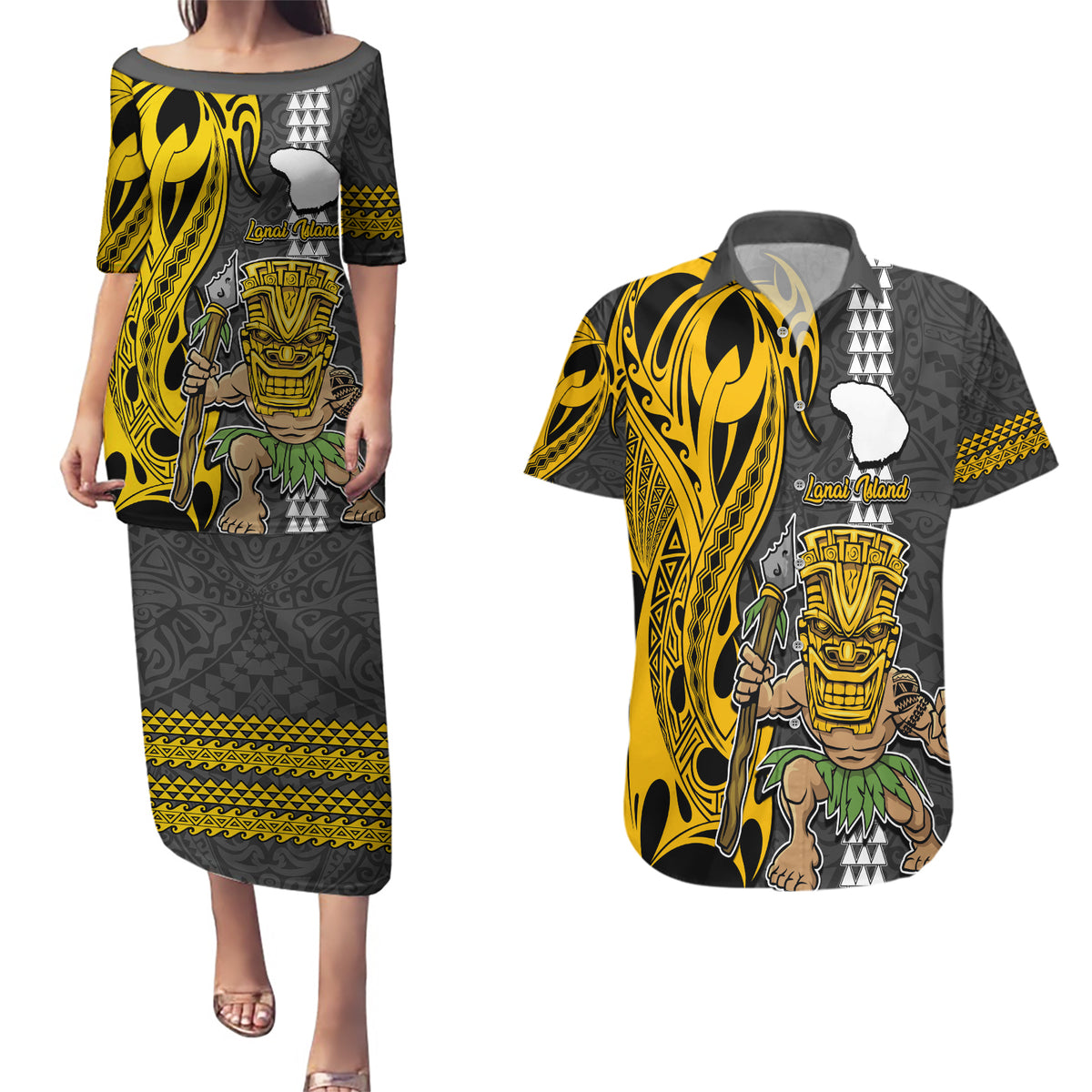Hawaii Lanai Island Couples Matching Puletasi Dress and Hawaiian Shirt Hawaiian Warrior and Kakau Symbols Abstract Tattoo LT03 Yellow - Polynesian Pride