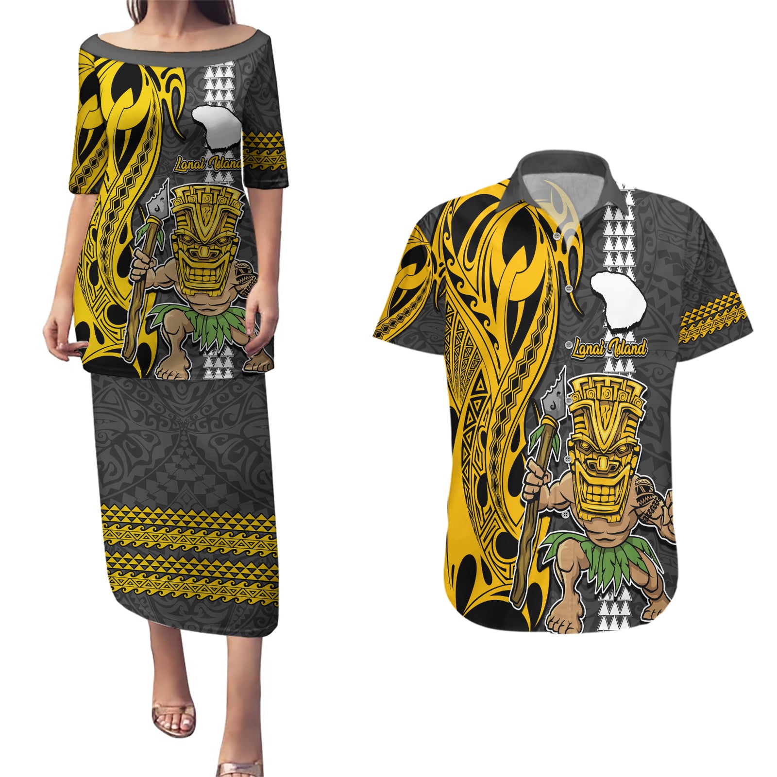 Hawaii Lanai Island Couples Matching Puletasi Dress and Hawaiian Shirt Hawaiian Warrior and Kakau Symbols Abstract Tattoo LT03 Yellow - Polynesian Pride