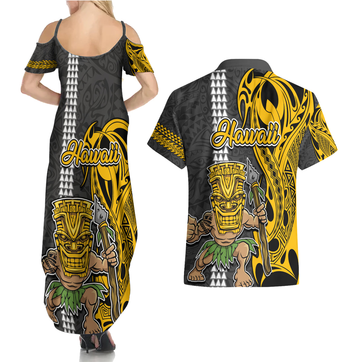 Hawaii Lanai Island Couples Matching Summer Maxi Dress and Hawaiian Shirt Hawaiian Warrior and Kakau Symbols Abstract Tattoo LT03 - Polynesian Pride