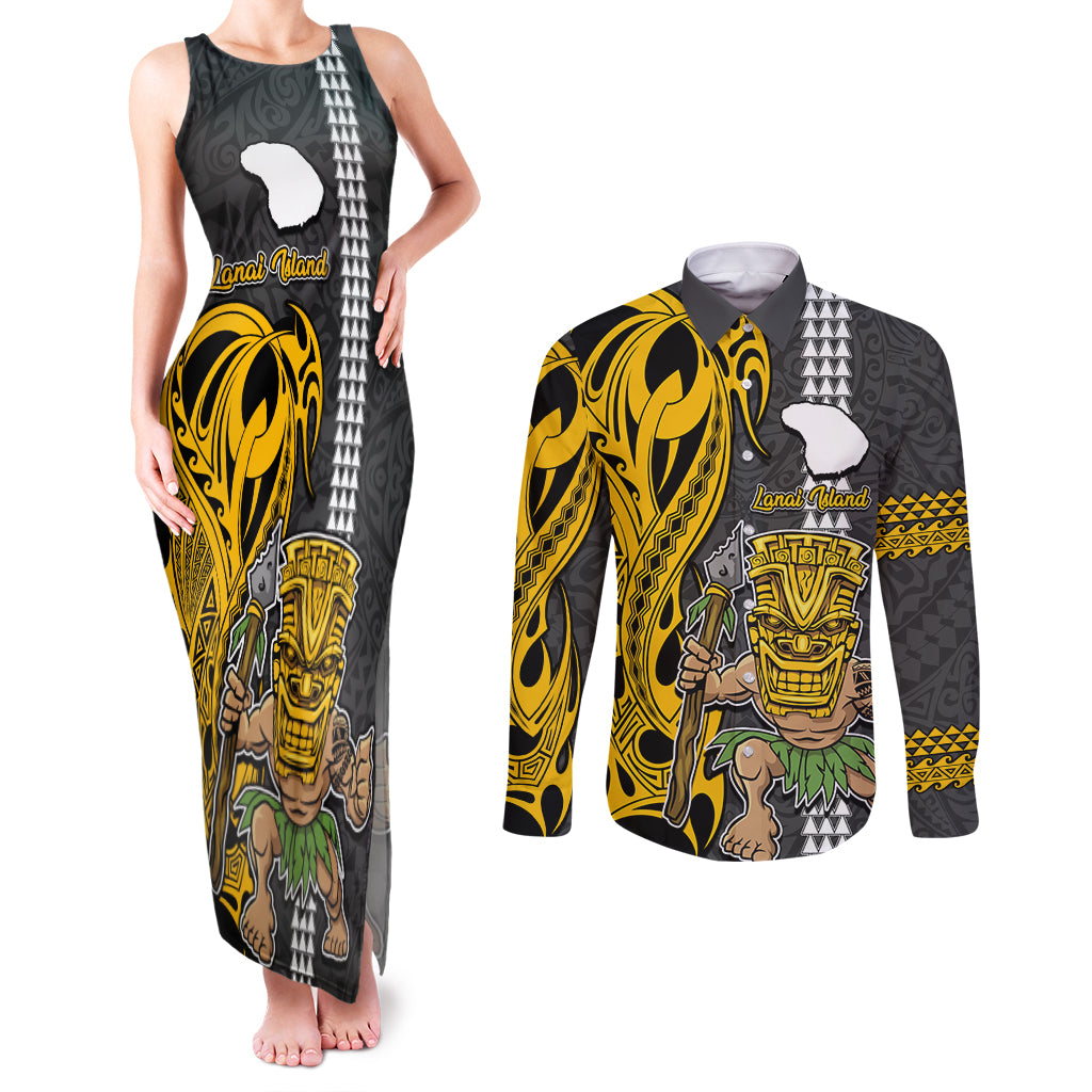 Hawaii Lanai Island Couples Matching Tank Maxi Dress and Long Sleeve Button Shirts Hawaiian Warrior and Kakau Symbols Abstract Tattoo LT03 Yellow - Polynesian Pride