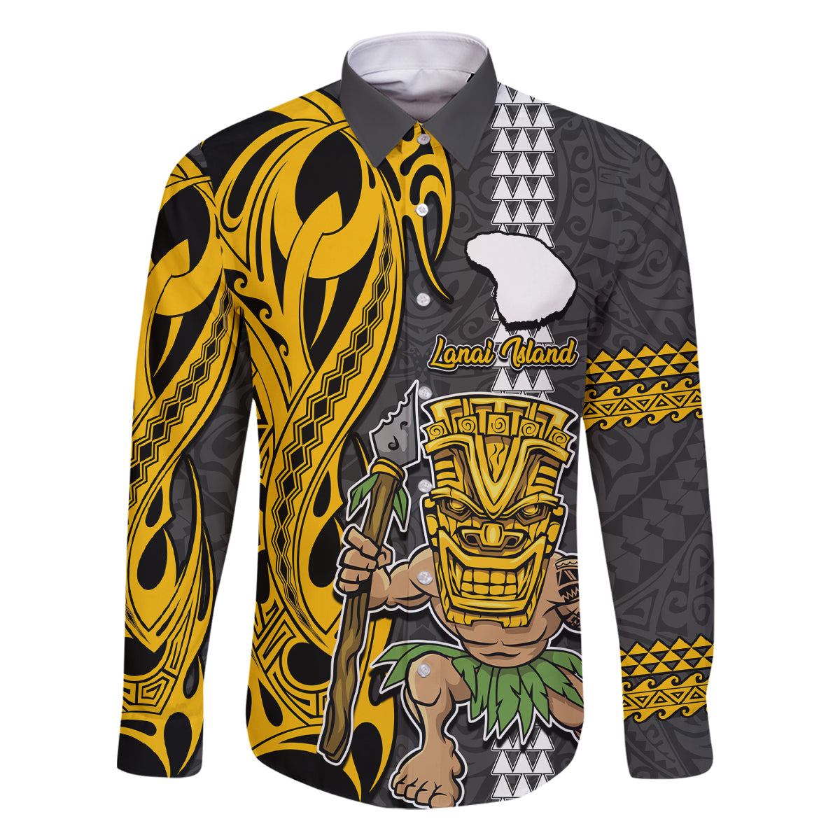 Hawaii Lanai Island Family Matching Off Shoulder Maxi Dress and Hawaiian Shirt Hawaiian Warrior and Kakau Symbols Abstract Tattoo LT03 Dad's Shirt - Long Sleeve Yellow - Polynesian Pride