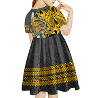 Hawaii Lanai Island Kid Short Sleeve Dress Hawaiian Warrior and Kakau Symbols Abstract Tattoo LT03 - Polynesian Pride