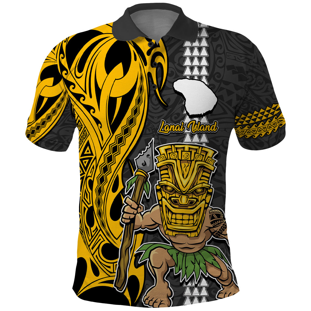 Hawaii Lanai Island Polo Shirt Hawaiian Warrior and Kakau Symbols Abstract Tattoo LT03 Yellow - Polynesian Pride