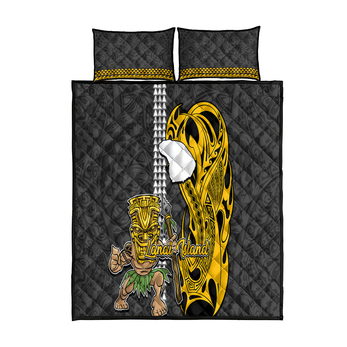 Hawaii Lanai Island Quilt Bed Set Hawaiian Warrior and Kakau Symbols Abstract Tattoo LT03 Yellow - Polynesian Pride