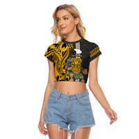 Hawaii Lanai Island Raglan Cropped T Shirt Hawaiian Warrior and Kakau Symbols Abstract Tattoo LT03 Female Yellow - Polynesian Pride