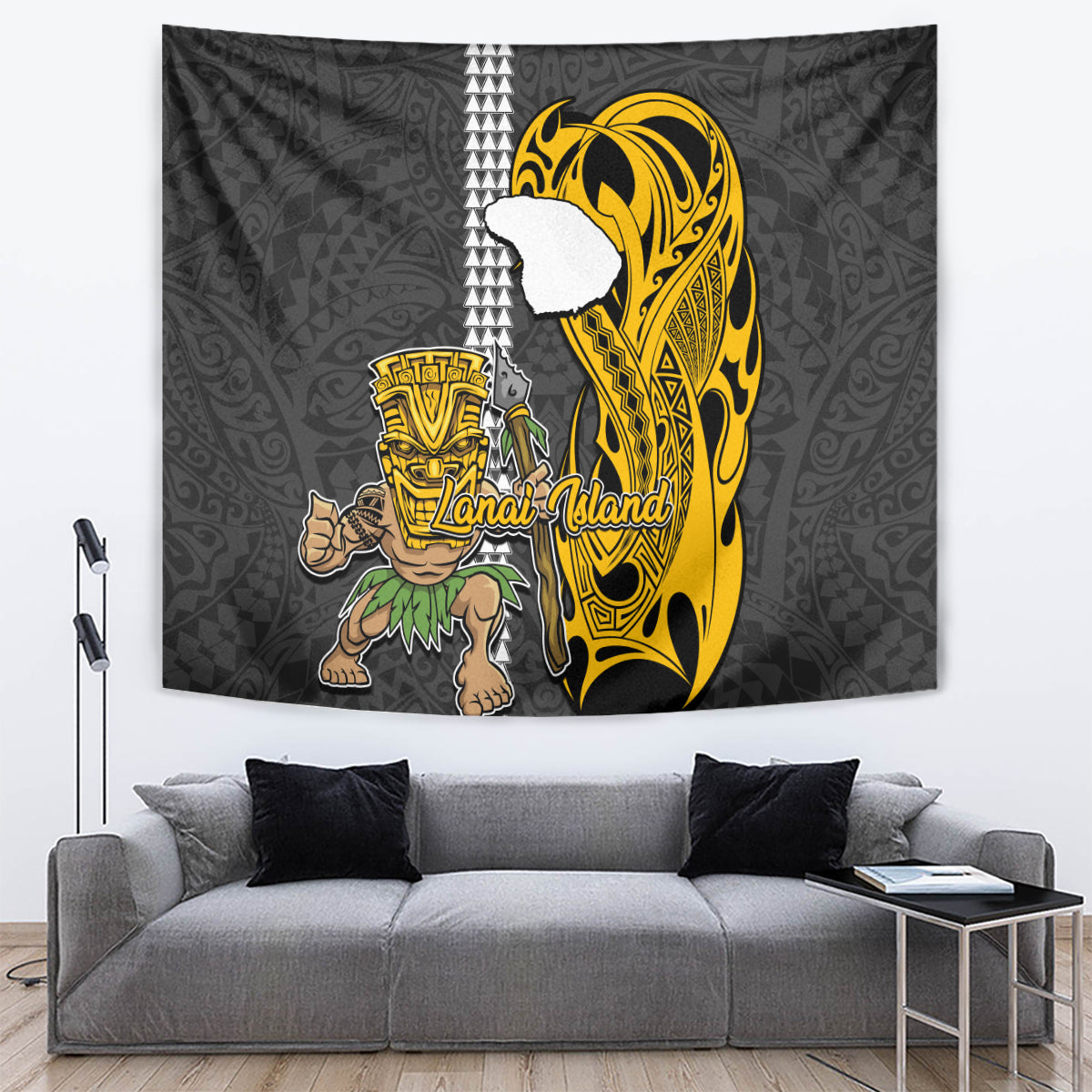 Hawaii Lanai Island Tapestry Hawaiian Warrior and Kakau Symbols Abstract Tattoo LT03 - Polynesian Pride