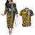 Custom Hawaii Lanai Island Couples Matching Off The Shoulder Long Sleeve Dress and Hawaiian Shirt Hawaiian Warrior and Kakau Symbols Abstract Tattoo LT03 Yellow - Polynesian Pride