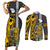 Custom Hawaii Lanai Island Couples Matching Short Sleeve Bodycon Dress and Long Sleeve Button Shirts Hawaiian Warrior and Kakau Symbols Abstract Tattoo LT03 Yellow - Polynesian Pride
